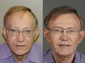 Image showing a side-by-side comparison of a man with short, light brown hair and glasses. The left photo displays him with a neutral expression, while the right photo shows him smiling, highlighting a more approachable demeanor. Both images feature him wearing a collared purple shirt against plain backgrounds. This visual representation may be used to illustrate the effects of different facial expressions or the impact of emotional presentation in professional settings.