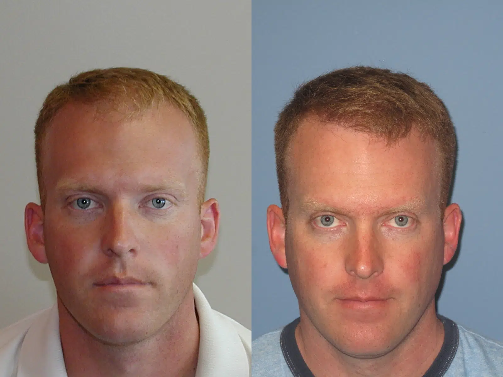 Two side-by-side headshot images of a man with short, light brown hair and a neutral expression. The left image features him wearing a white polo shirt against a gray background, while the right image shows him in a blue shirt with a light blue background. The images are likely used for identification purposes, showcasing a clear view of the subject's facial features. This alt text is designed to be informative for users with visual impairments and optimized for search engines.