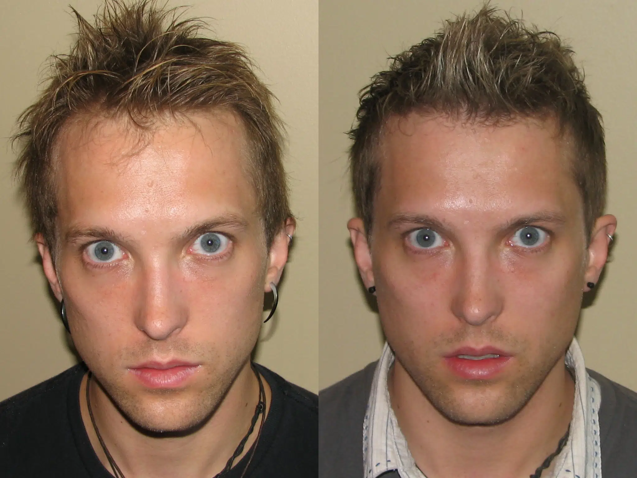 Image shows two side-by-side portraits of a man with spiky hair. The left image features him with a casual look, while the right image presents a more polished appearance, wearing a suit. Both images highlight his striking blue eyes and neutral expressions, illustrating a transformation in style. The background is a plain light color, ensuring the focus remains on the subject. This comparison visually emphasizes the impact of professional attire on personal presentation.
