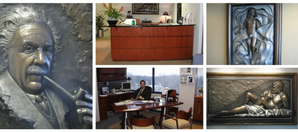 Collage of office environments showcasing a reception area with a wooden desk and plants, a private office featuring a desk and computer, and a professional seated at a desk with office equipment. The images illustrate modern office design and workspace organization, highlighting elements such as furniture style, decor, and layout. Ideal for discussions on office aesthetics, productivity, and design trends.