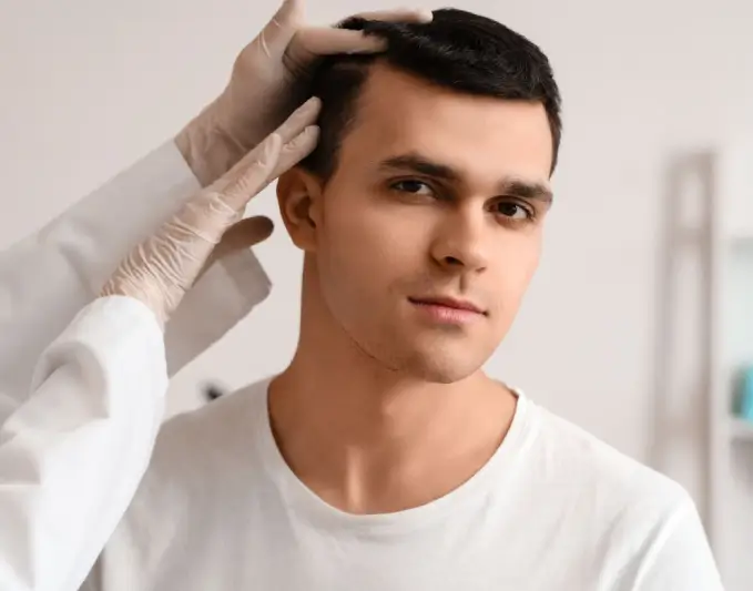 A young man with dark hair is receiving a hair treatment, while a gloved hand gently styles his hair. He is wearing a white shirt and has a neutral expression, suggesting a calm and professional atmosphere. The background is softly blurred, focusing attention on the hair treatment process. This image represents hair care and grooming services, highlighting the importance of personal appearance and professional hair treatments.