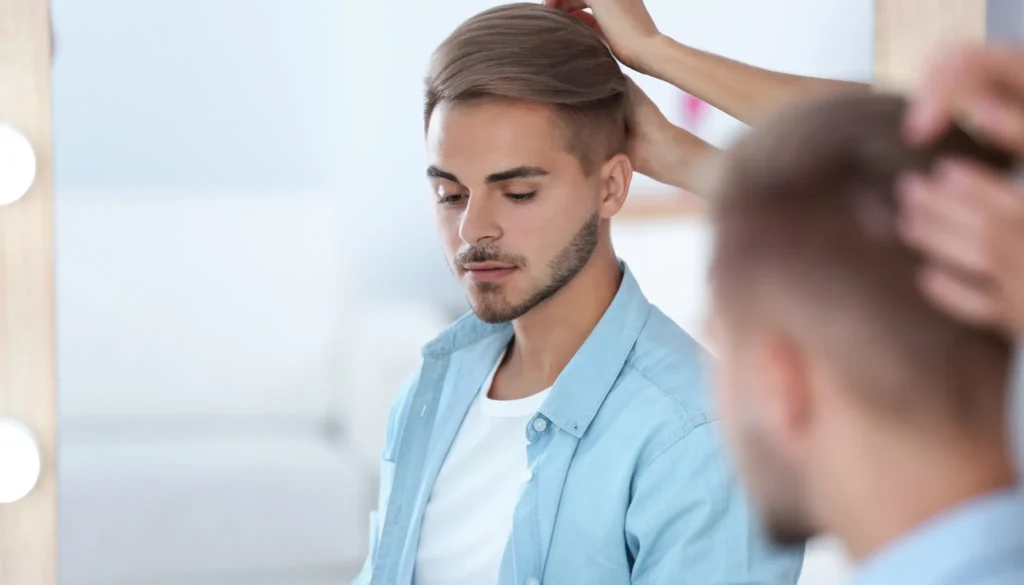 A young man with light brown hair sits in a salon chair, looking relaxed as a stylist gently styles his hair. He wears a light blue shirt over a white t-shirt, and the background features a bright, modern salon environment. This image showcases a hairdressing service, emphasizing personal grooming and self-care.
