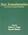 Book cover of "Hair Transplantation," Fourth Edition, Revised and Expanded, edited by Walter P. Unger and Ronald Shapiro. The cover features a solid green background with the title and editors' names prominently displayed in yellow and white text. This comprehensive resource is essential for medical professionals and students in the field of hair restoration, providing updated techniques, research, and practices in hair transplantation. The book serves as a key reference for understanding the complexities and advancements in this area of cosmetic surgery.