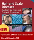 Cover of the book "Hair and Scalp Diseases: Medical, Surgical, and Cosmetic Treatments" by Amy J. McMichael and Maria K. Hordinsky. The cover features images related to hair and scalp conditions, showcasing medical and cosmetic treatments. A highlighted section mentions "Overview of Hair Transplantation" by Ronald Shapiro MD, indicating the book's focus on various aspects of hair health. The background is predominantly red, with informative visuals that enhance understanding of hair-related topics. This resource is