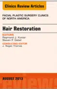Cover of the "Hair Restoration" issue from the Facial Plastic Surgery Clinics of North America, published in August 2013. The cover features the title prominently, along with the names of the editors, Raymond J. Konior and Steven F. Weiner, and consulting editor J. Regan Thomas. This publication focuses on advancements and techniques in hair restoration, providing valuable insights for professionals in the field of facial plastic surgery. The design includes a clean layout with a professional aesthetic, suitable for clinicians and