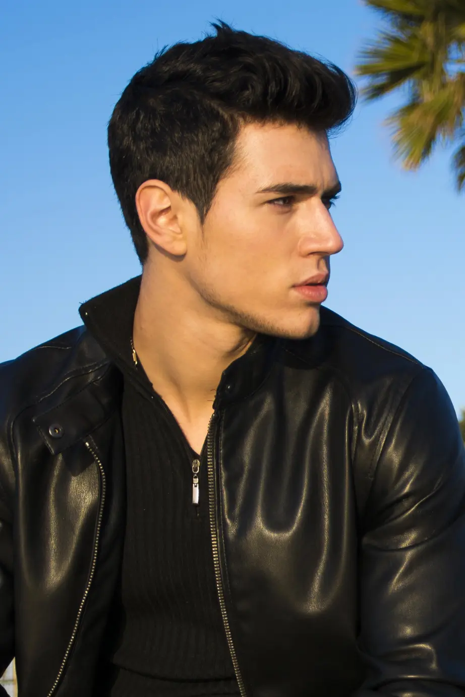Young man with short dark hair and a strong jawline, wearing a black leather jacket over a ribbed black sweater. He is seated outdoors, facing slightly to the left against a clear blue sky and palm trees in the background. The image captures a thoughtful expression, emphasizing his profile and the texture of his clothing. Ideal for fashion and lifestyle content, showcasing modern male aesthetics and outdoor settings.
