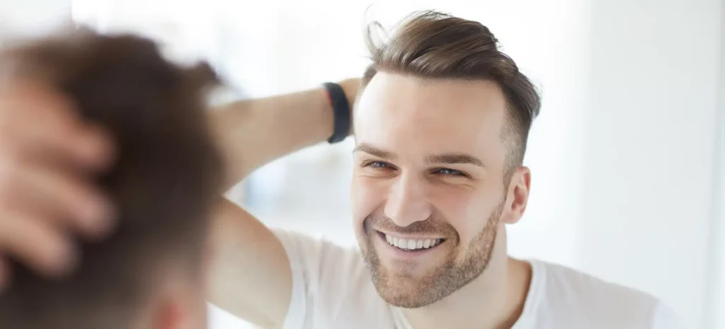 A young man with a well-groomed beard and stylish haircut smiles at his reflection in the mirror. He is wearing a casual white t-shirt and has his hand raised, running it through his hair. The background is bright and softly blurred, creating a cheerful and uplifting atmosphere. This image conveys confidence and self-care, ideal for topics related to grooming, personal care, or men's fashion.
