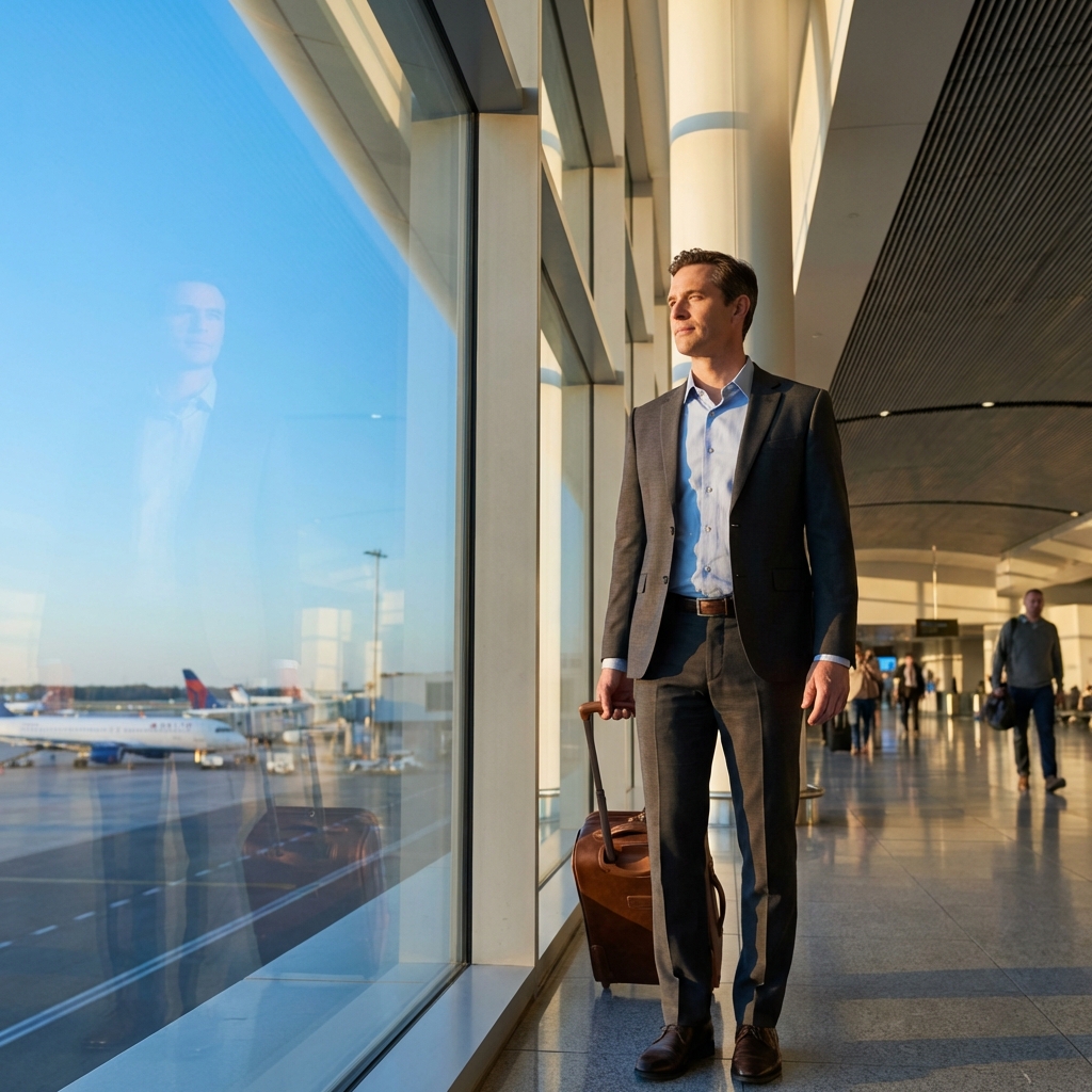 Confident traveler at modern airport terminal, representing traveling for hair transplant surgery with a US specialist.