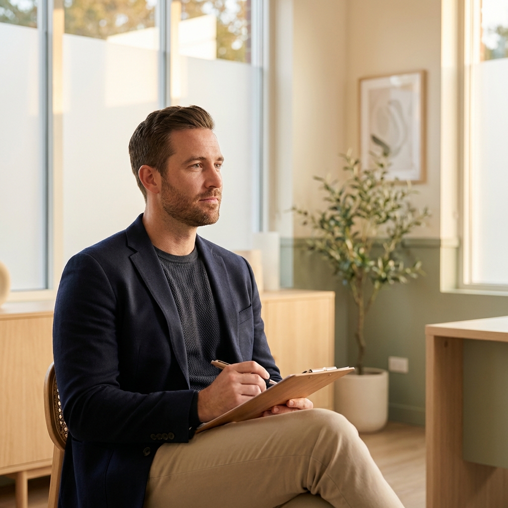 Man in modern consultation room evaluating whether he is a good candidate for hair transplant