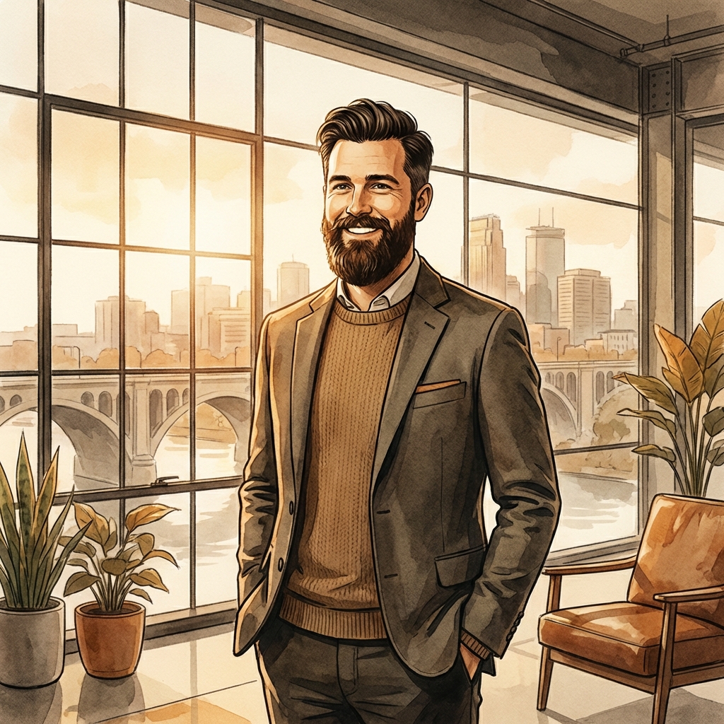 Man with natural-looking hair transplant results standing confidently in warm natural light near a window