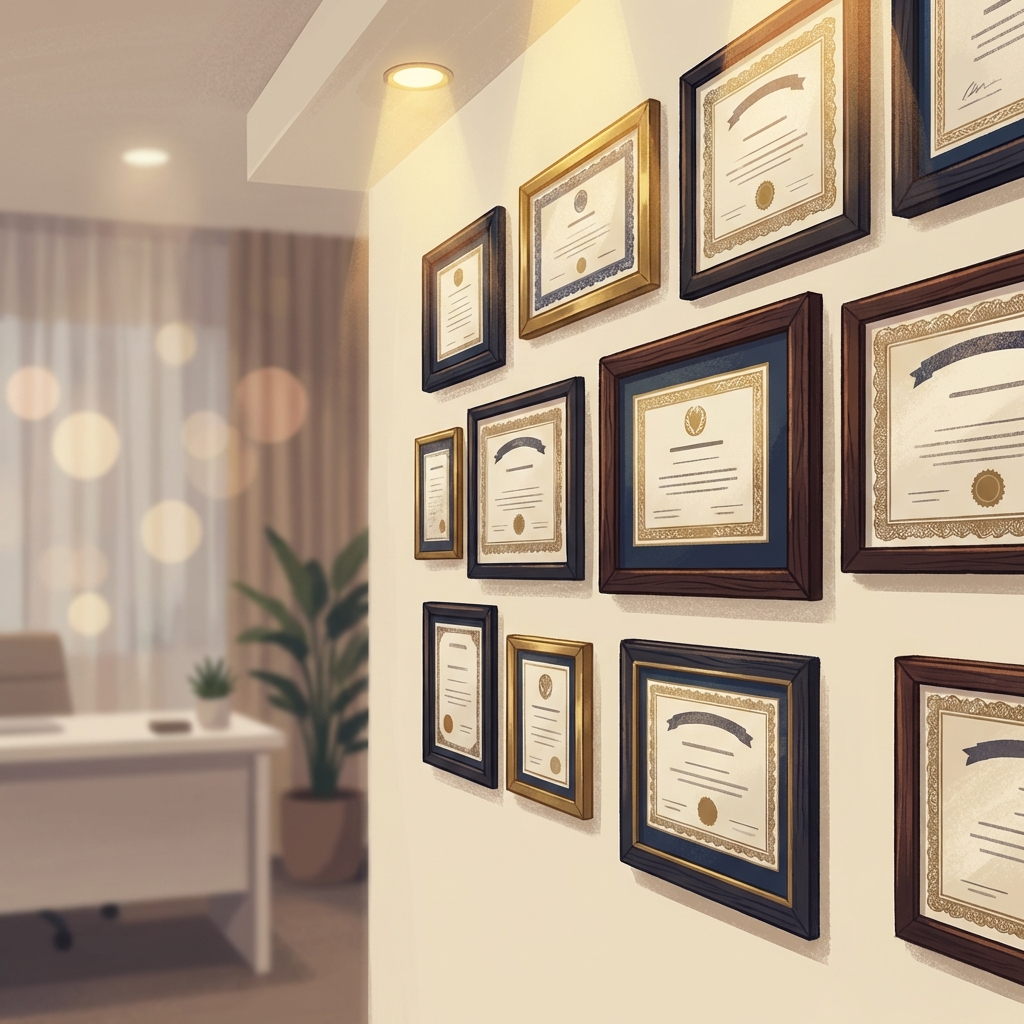 Framed medical credentials and certifications on a wall, representing hair transplant surgeon credentials to look for