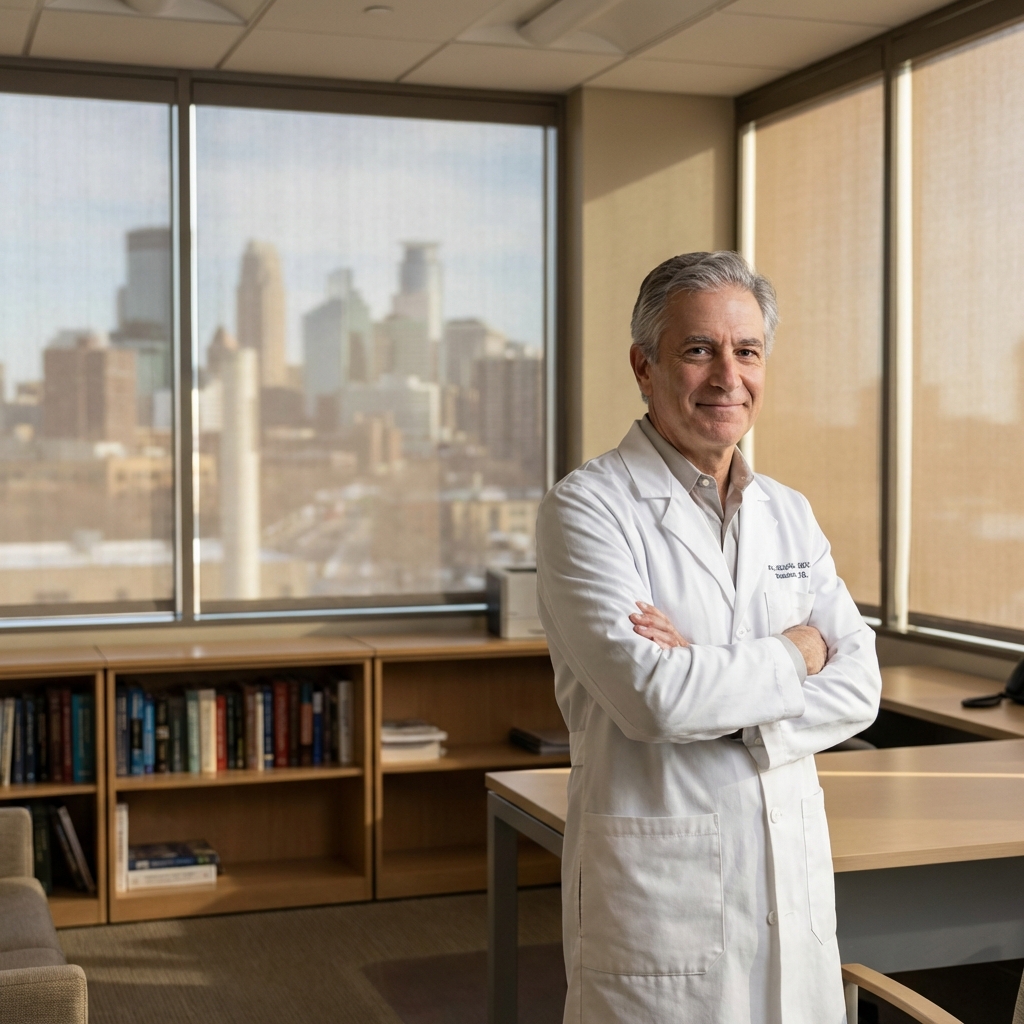 Confident physician in white coat in a modern consultation office, representing a physician hair transplant patient's trust in Shapiro Medical Group.