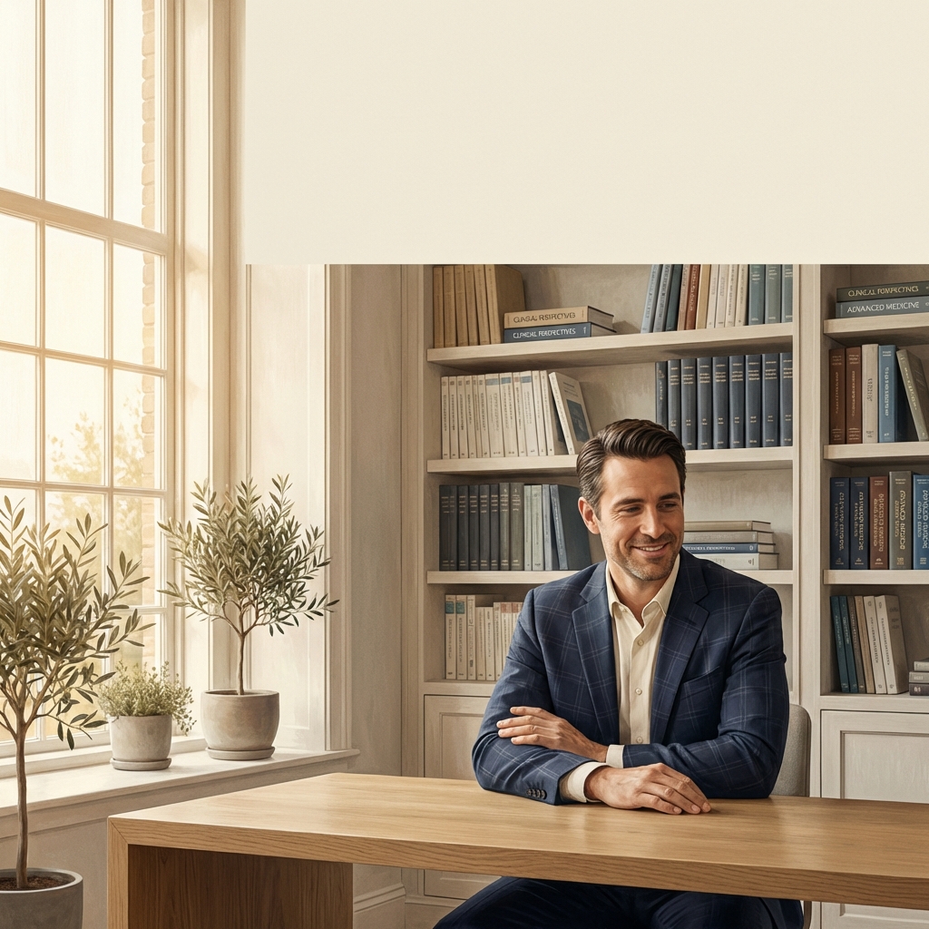 Man consulting with a hair transplant surgeon specialist in a professional medical office setting