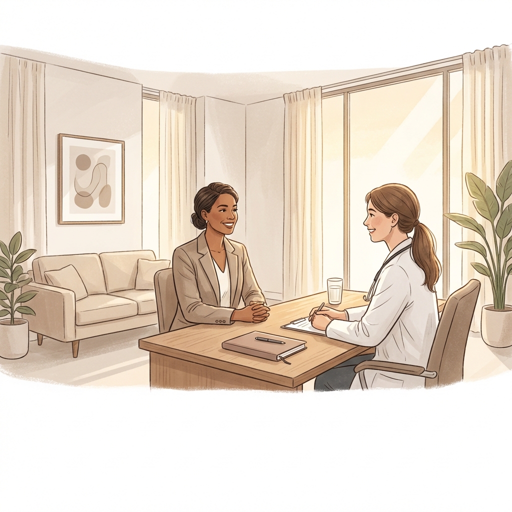 Person prepared with questions to ask before a hair transplant consultation sitting in a modern medical office