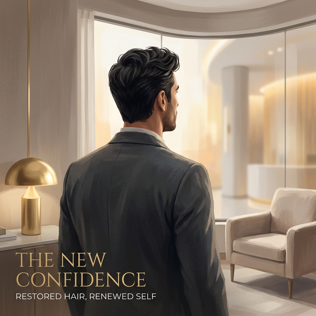Man with full restored hair in a modern clinic setting, representing combined FUE FUT hair transplant procedure results