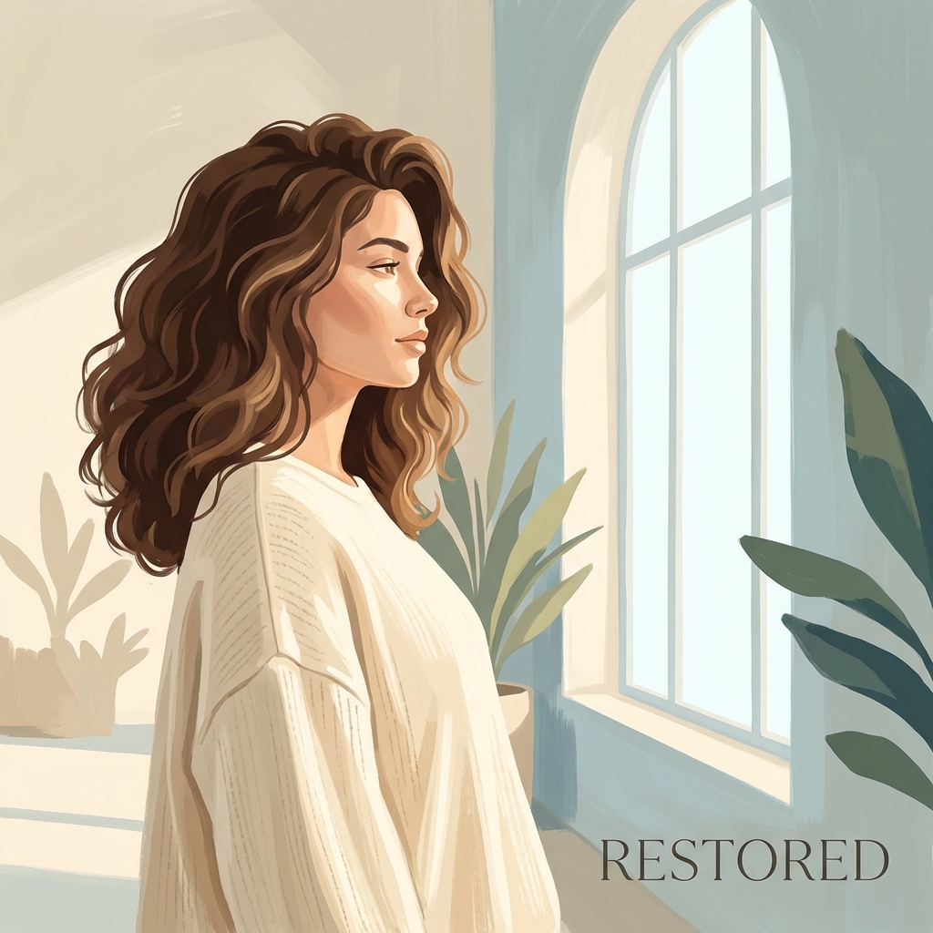 Person with healthy restored hair in soft natural light, representing successful hair transplant post-operative care