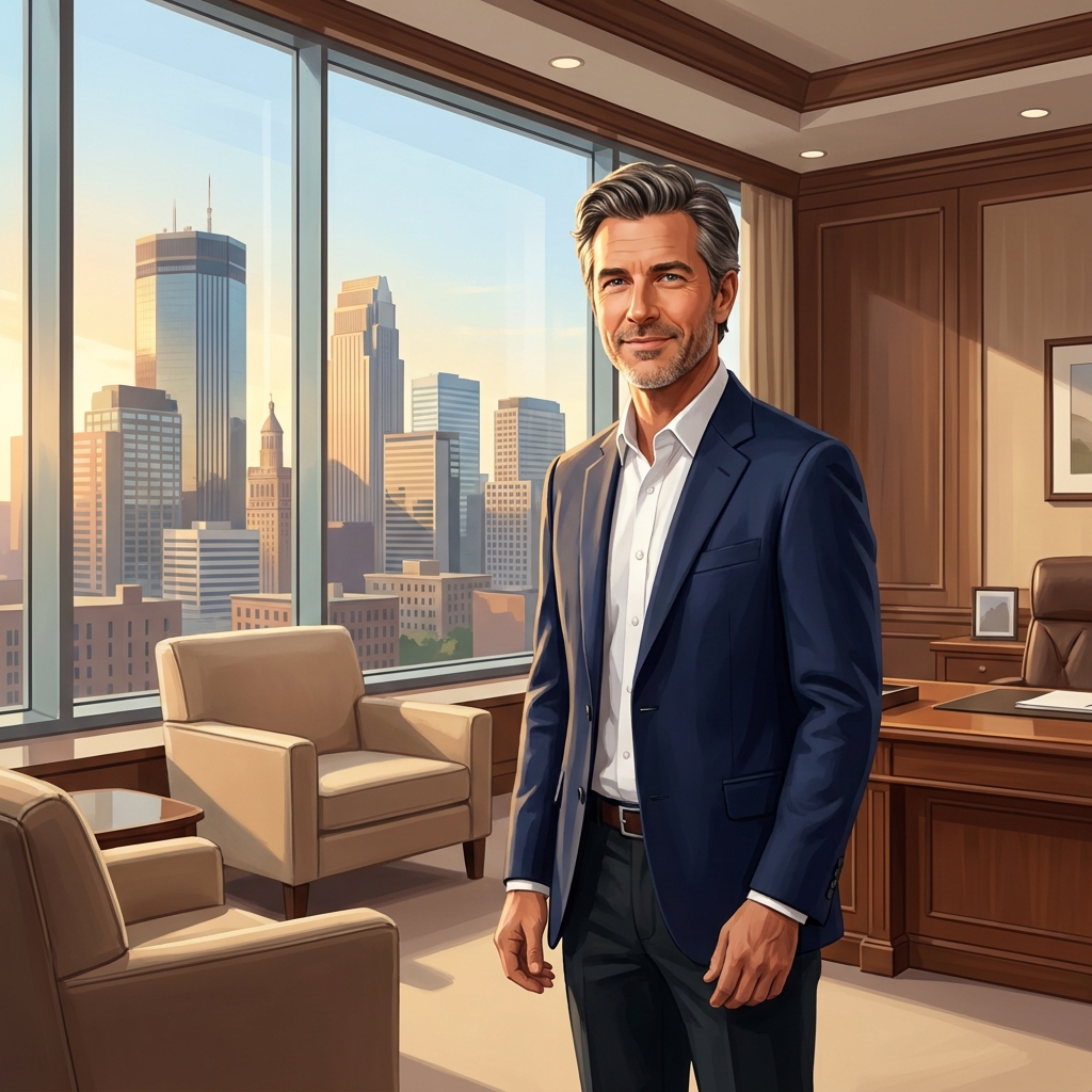 Confident man with full hair overlooking Minneapolis skyline, representing hair transplant results in Minnesota