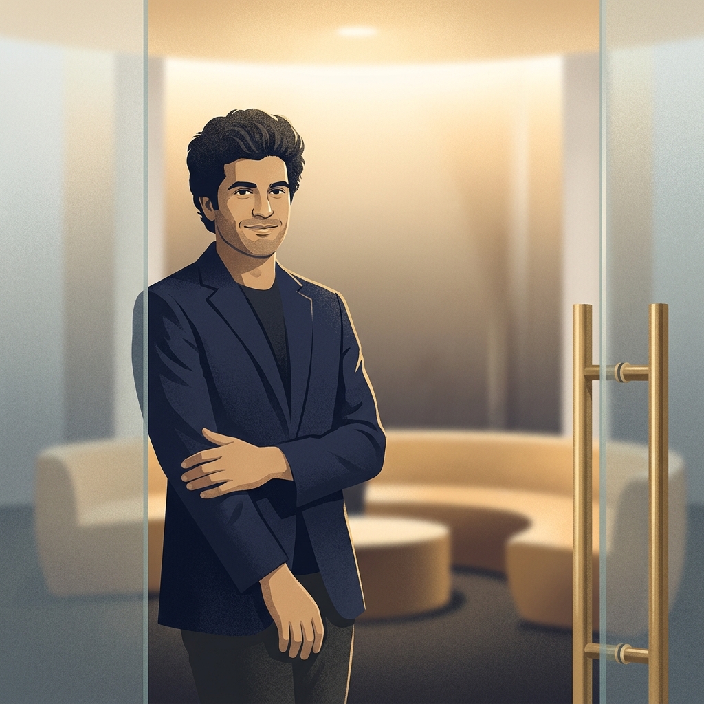 Confident man with full hair in a modern clinic setting, representing a maximum graft hair transplant session outcome.