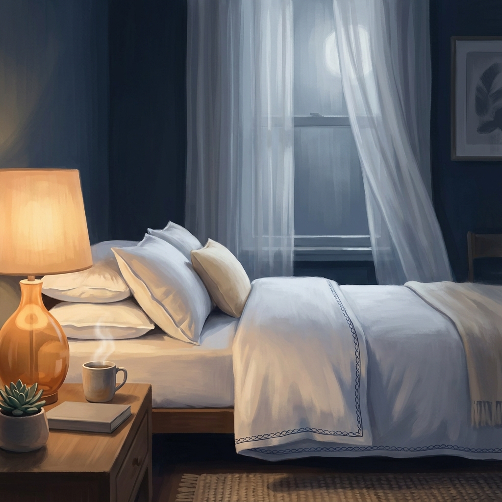 Peaceful bedroom with elevated pillows arranged for safe sleeping after hair transplant surgery