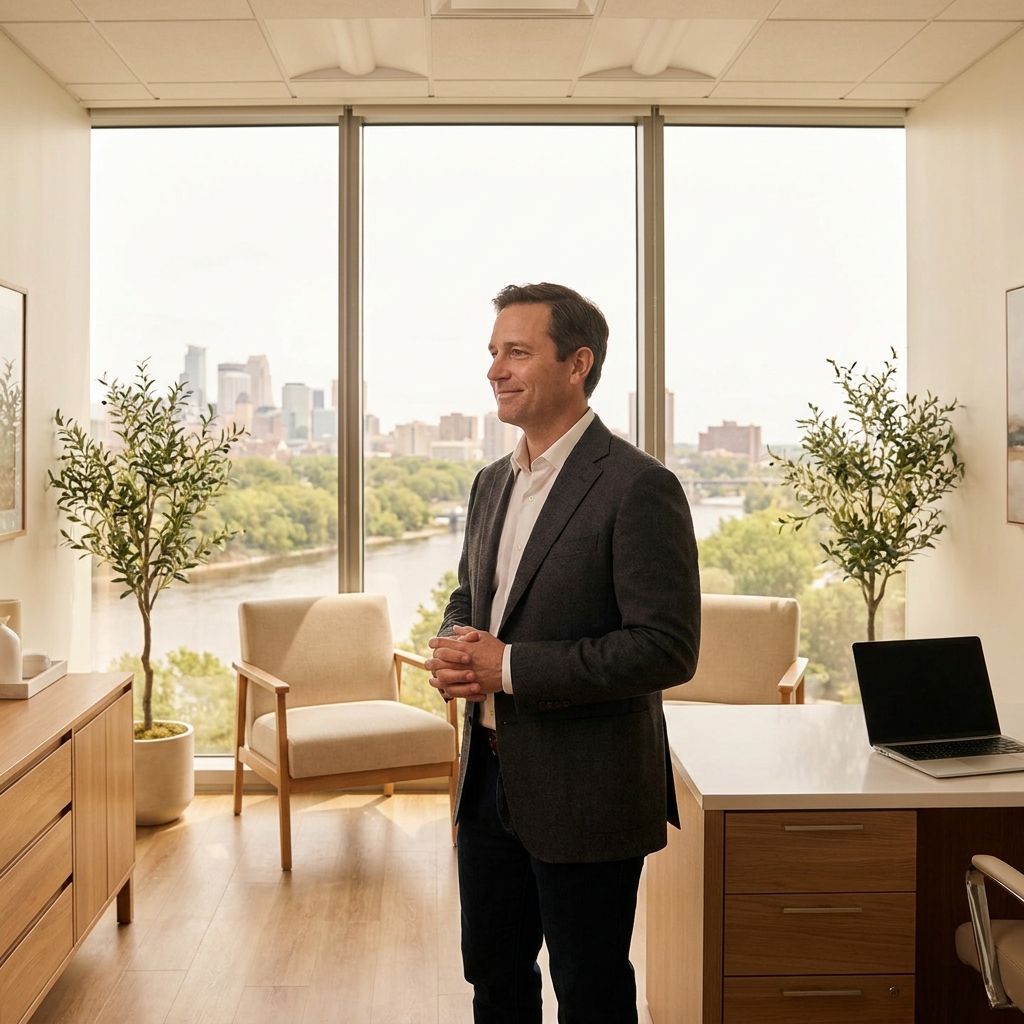 Confident man in a modern Minneapolis hair transplant clinic consultation office, representing informed clinic selection.