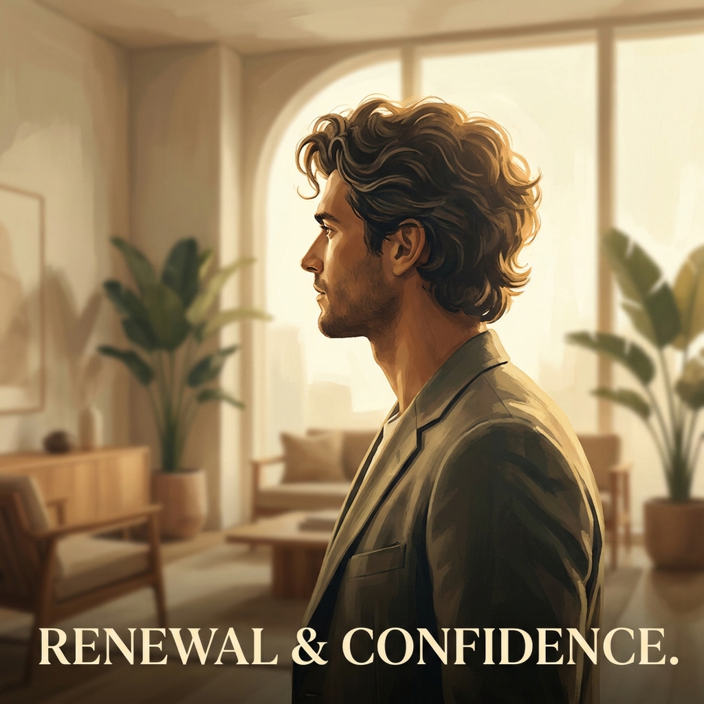 Confident man with full hair after hair transplant 4000 grafts procedure, standing in warm natural light