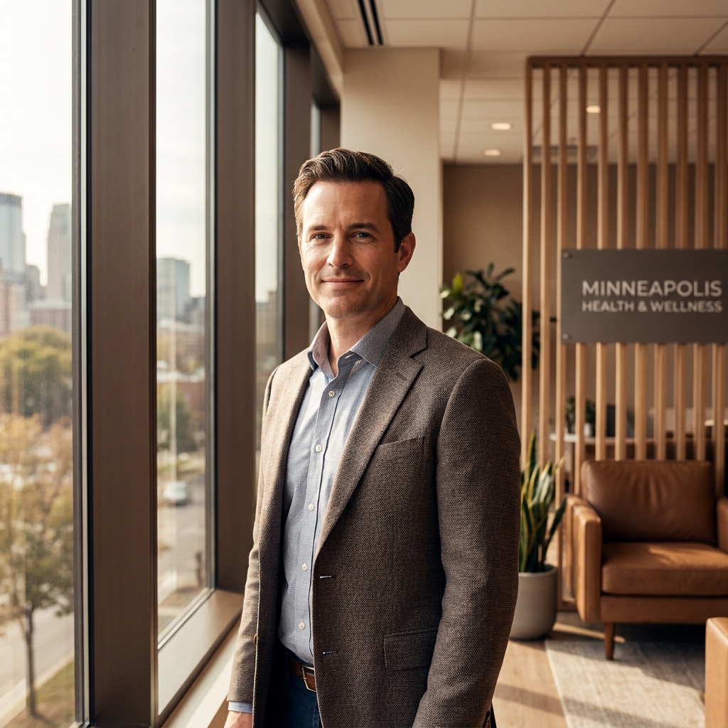 Confident man in a modern Minneapolis hair restoration specialist clinic, conveying trust and expert care.