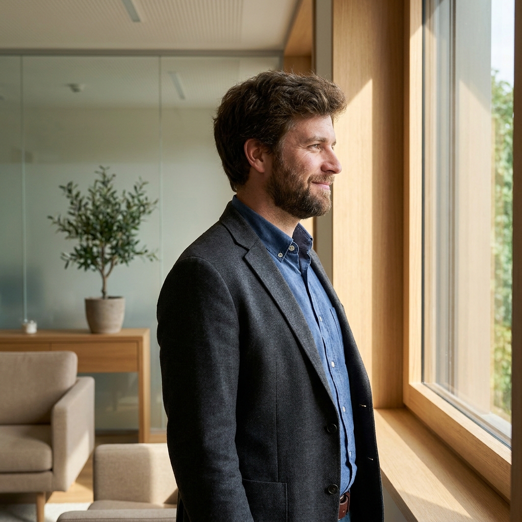 Man with full hair results after hair transplant 3000 grafts procedure in modern clinic setting