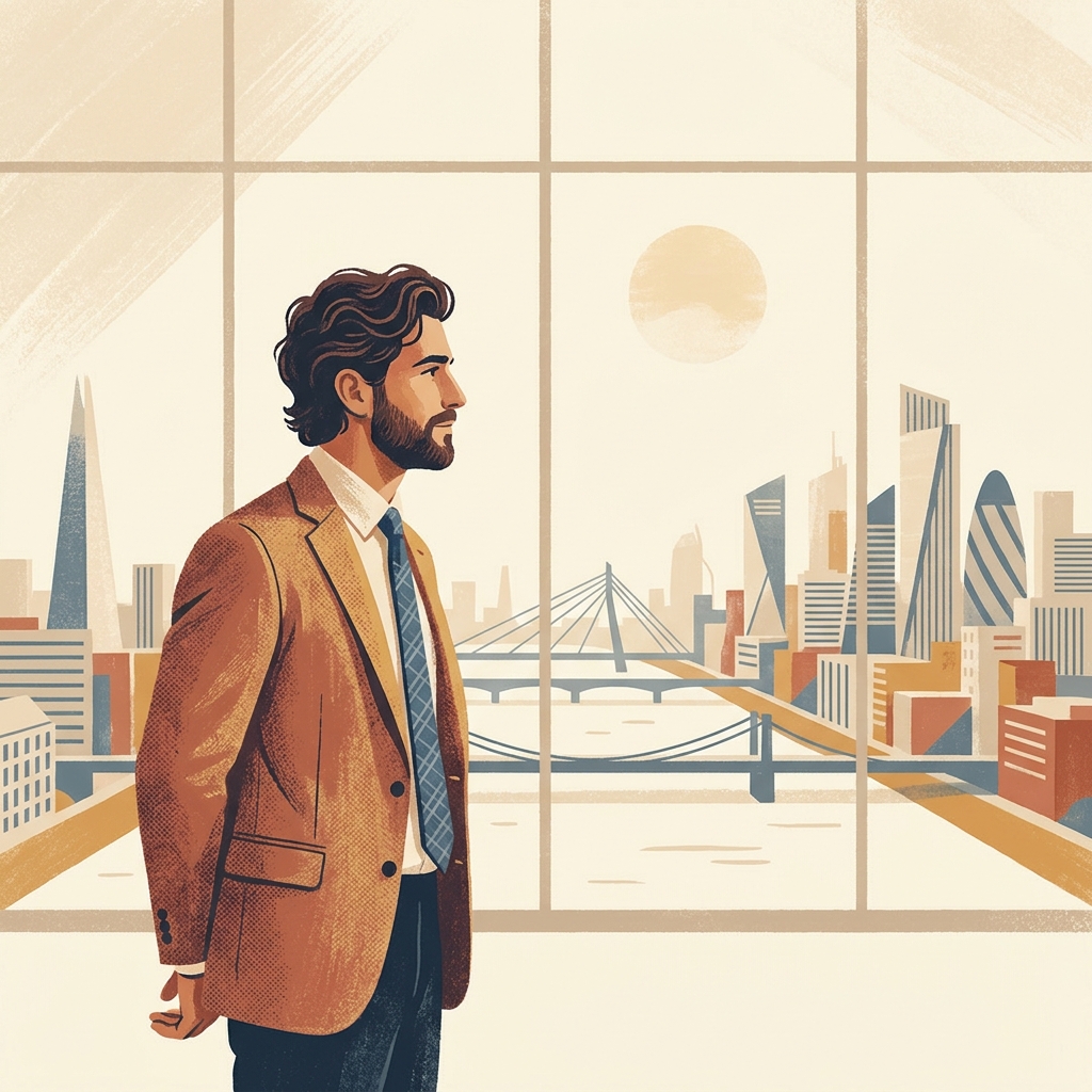 Confident man with full hair overlooking Minneapolis skyline, representing hair transplant clinic Minnesota results