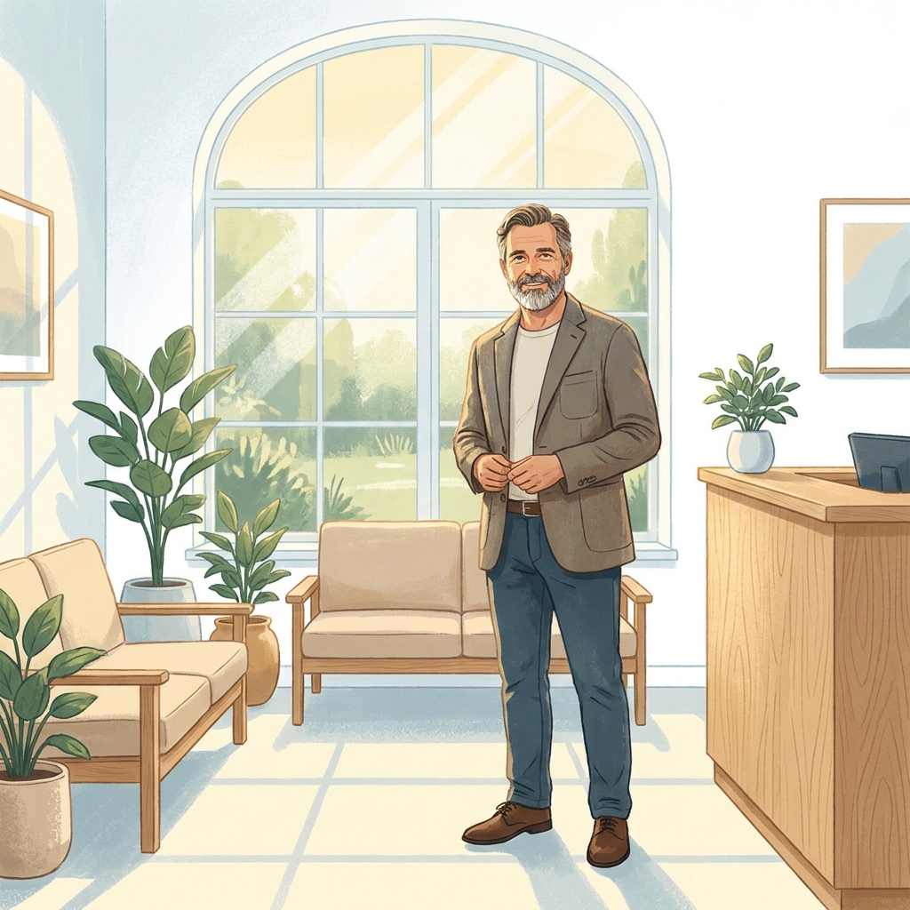 Confident man in a modern hair restoration clinic, representing a planned second hair transplant procedure journey.