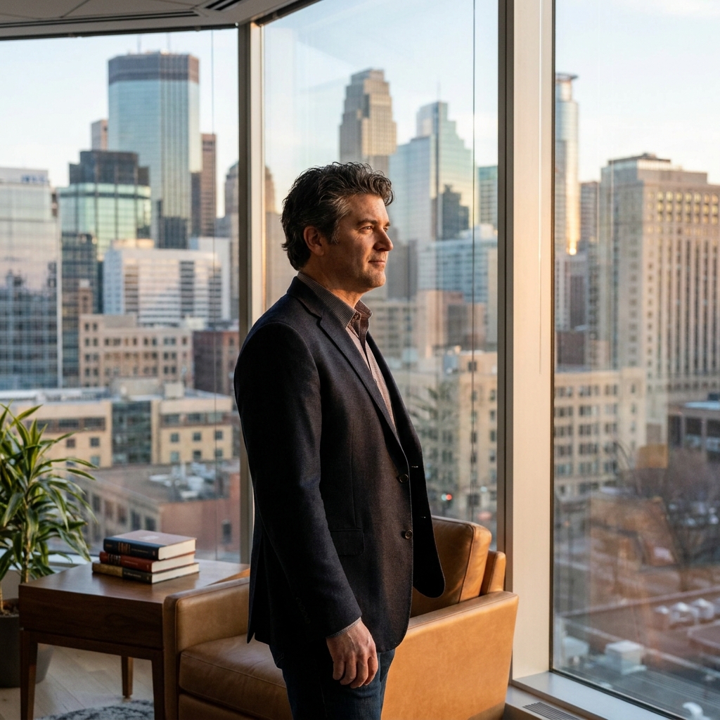 Confident man with full hair in modern Minneapolis setting, representing successful FUE hair transplant results.