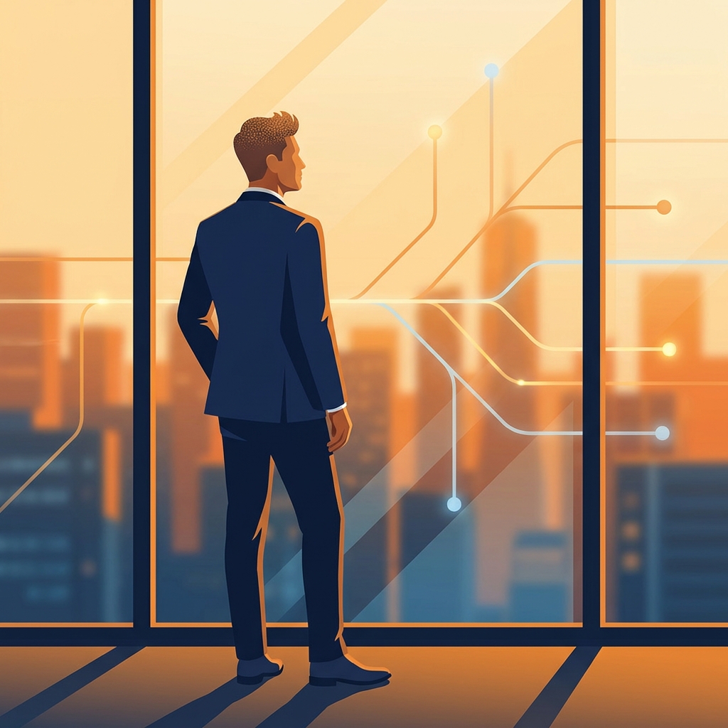 Man gazing at a city horizon with an abstract roadmap overlay, representing hair transplant multi-session planning.