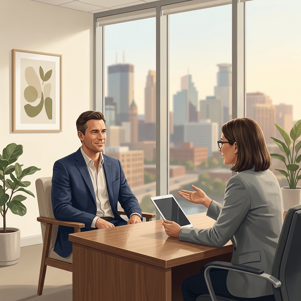 Man in a professional hair transplant consultation in Minneapolis, seated in a modern, welcoming medical office