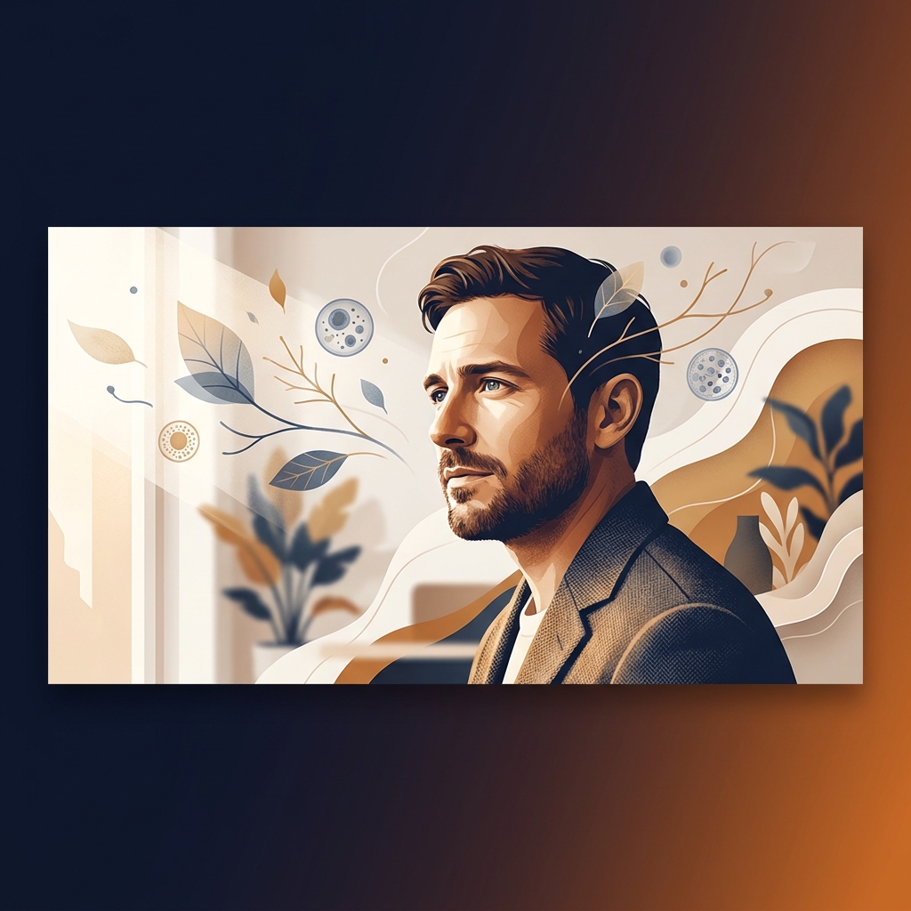 Illustrated man reflecting on hair loss causes in men, surrounded by abstract follicle and growth imagery