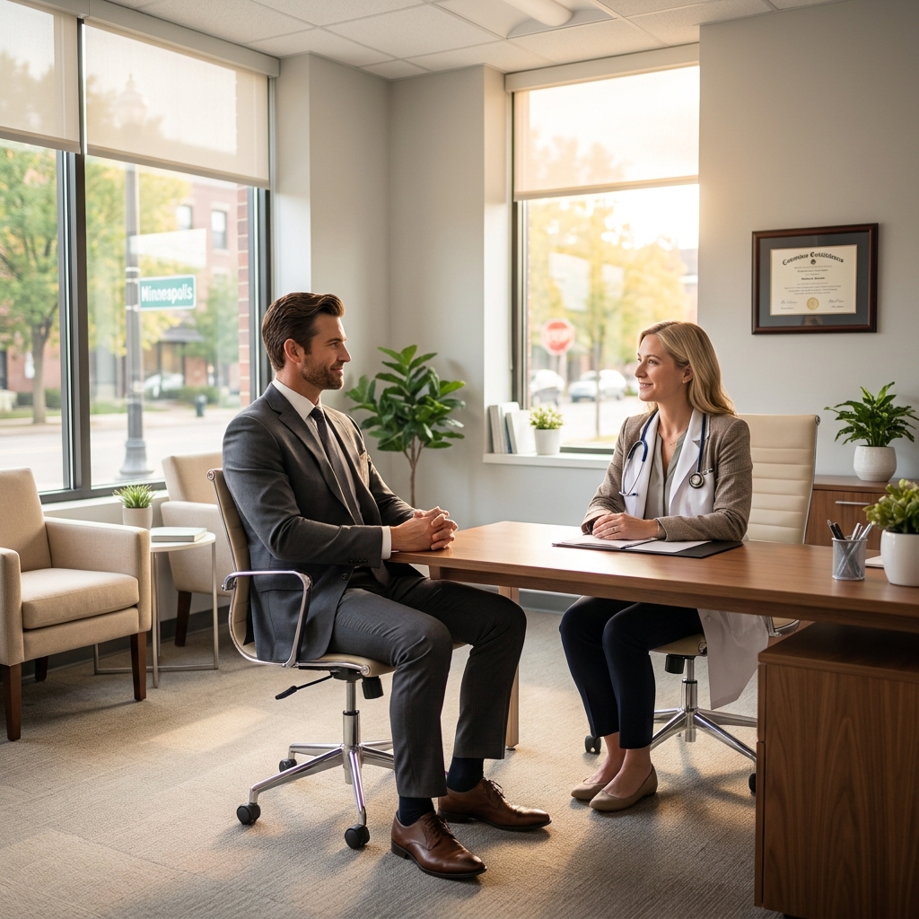 Man consulting with a hair loss doctor in a modern Minneapolis medical office