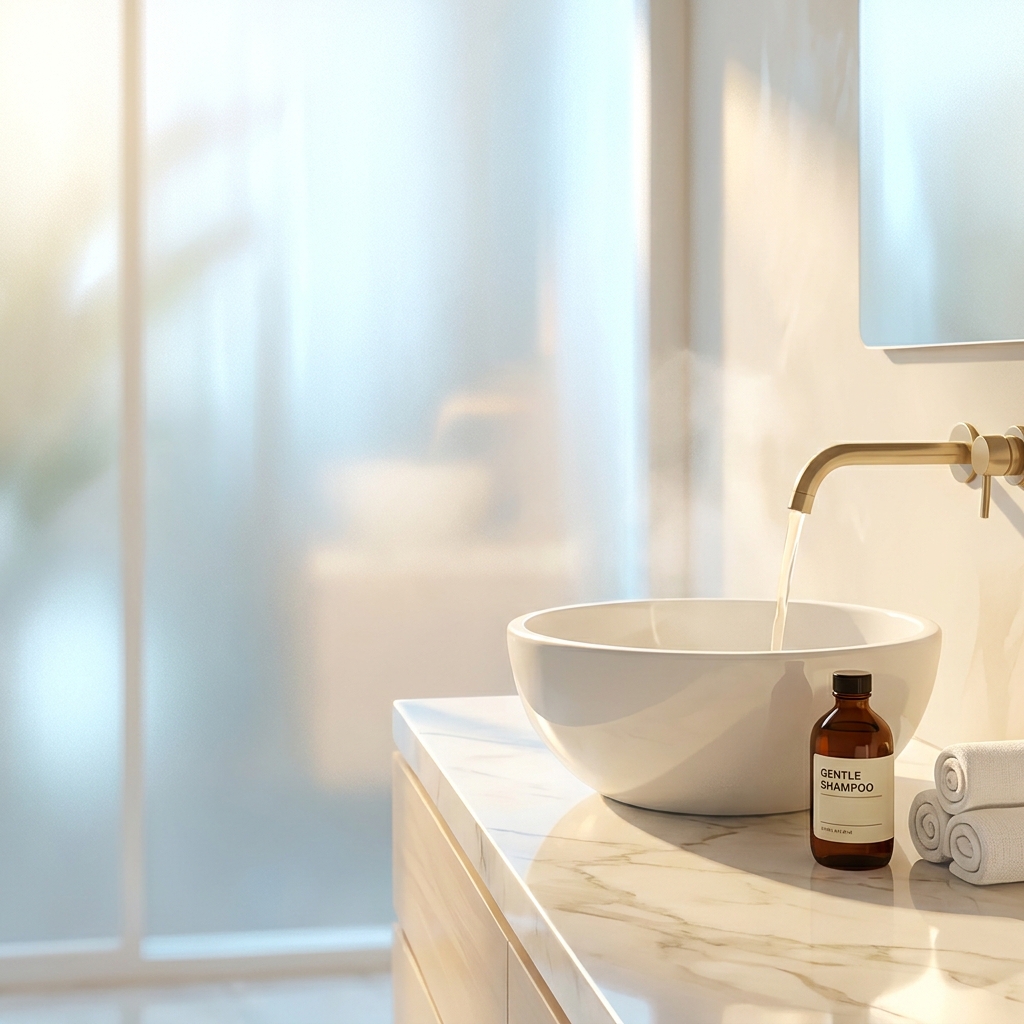 Gentle shampoo and warm water on a clean marble surface, representing careful hair washing after a transplant procedure.