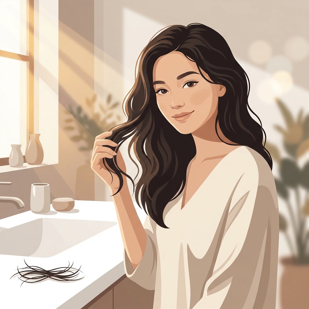 Woman confidently touching healthy hair, symbolizing postpartum hair loss treatment and recovery