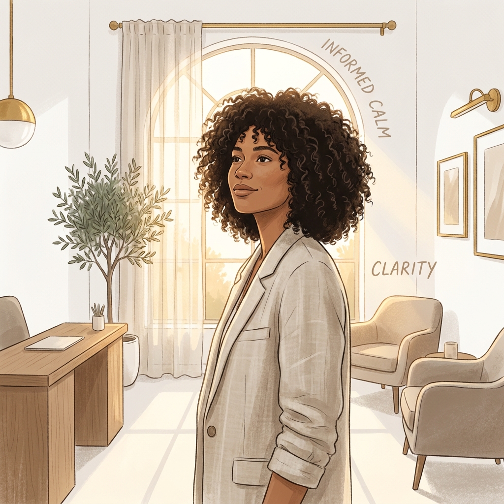 Person with healthy hair in a calm modern clinic, representing informed decision-making about hair transplant risks and complications.