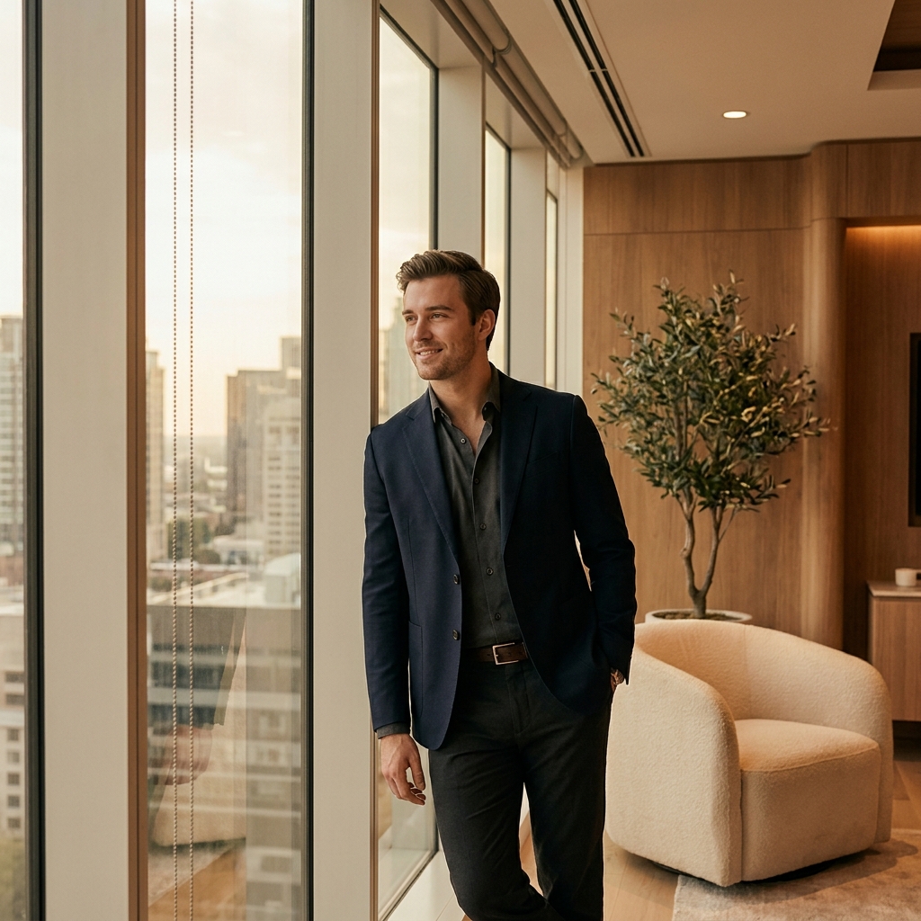 Young man thoughtfully considering hair transplant options in a modern consultation setting