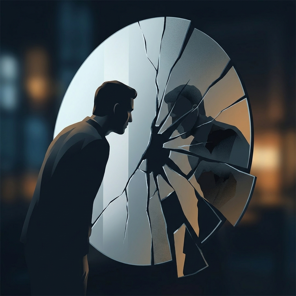 Cracked mirror reflecting fragmented silhouette, symbolizing why hair transplants fail due to clinic-side problems
