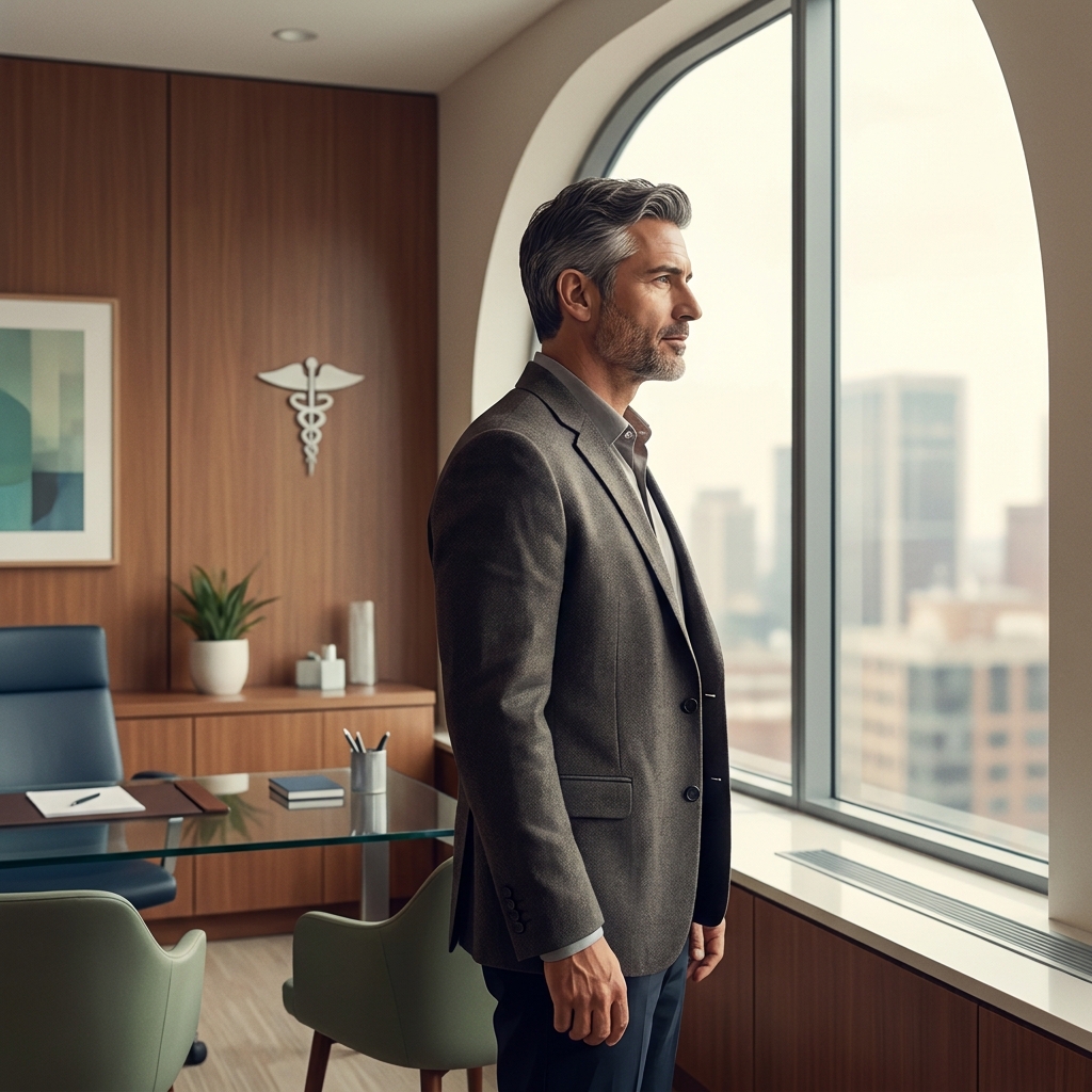 Confident man in his 40s considering a hair transplant, standing in a modern consultation setting with natural light.