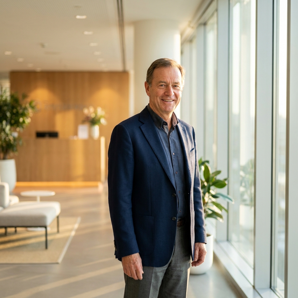 Confident man in his 50s with healthy hair smiling, representing the ideal candidate for a hair transplant in your 50s.