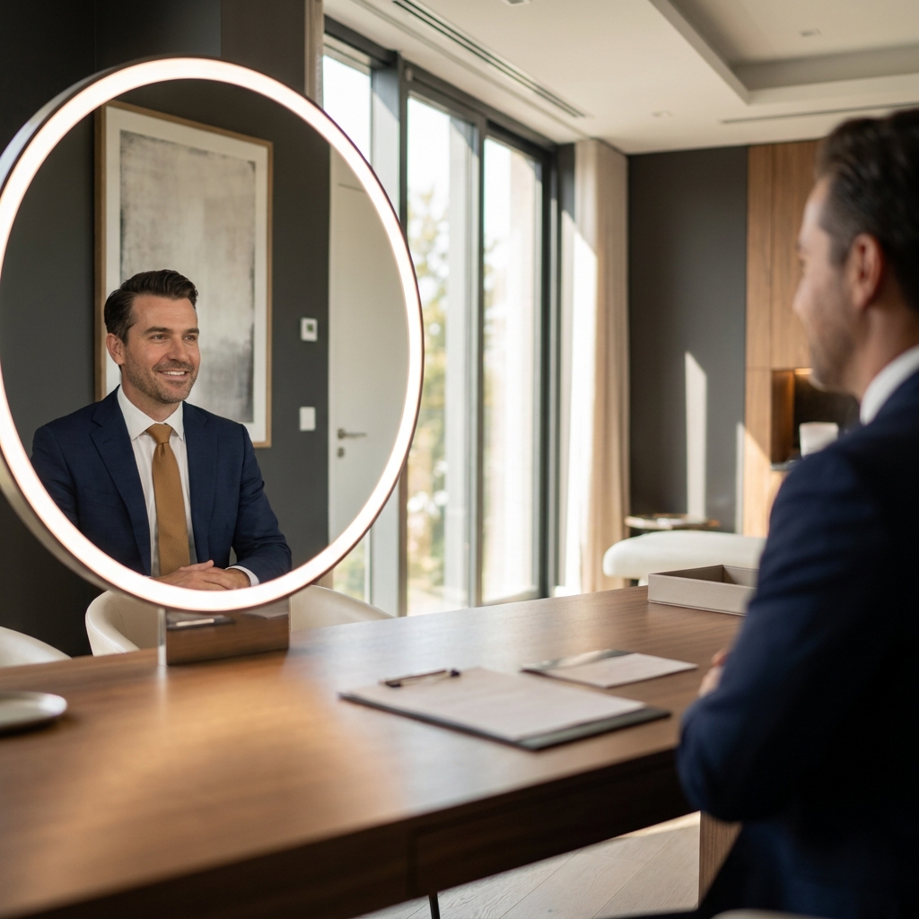 Man confidently reviewing hair transplant financing options at a modern medical consultation desk
