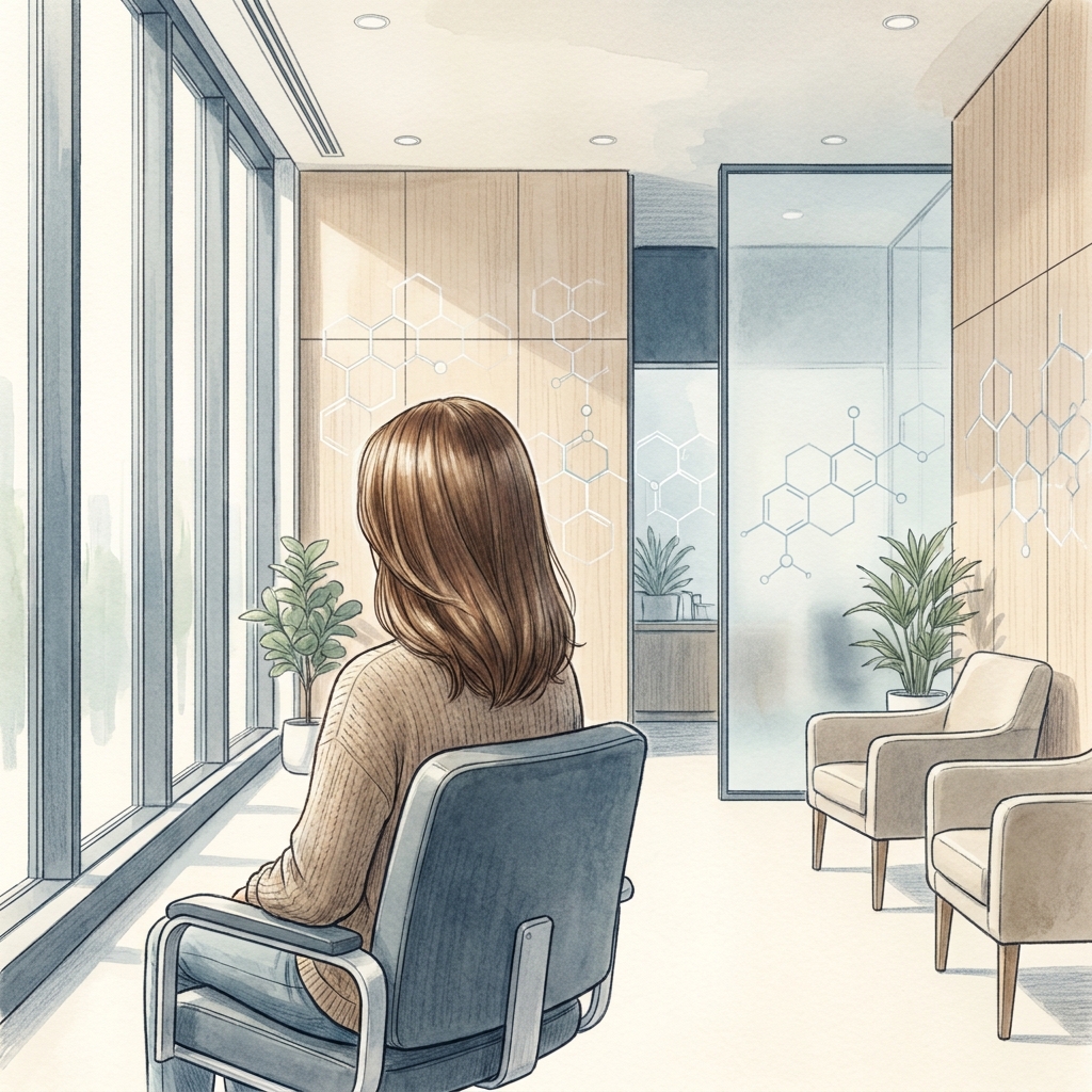 Stylized illustration of a modern hair restoration clinic consultation room representing hair follicle extraction methods comparison