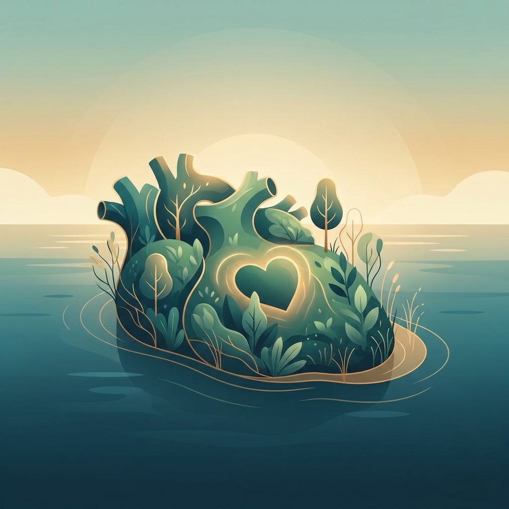 Conceptual illustration of a protected island with lush growth, symbolizing protecting native hair after transplant