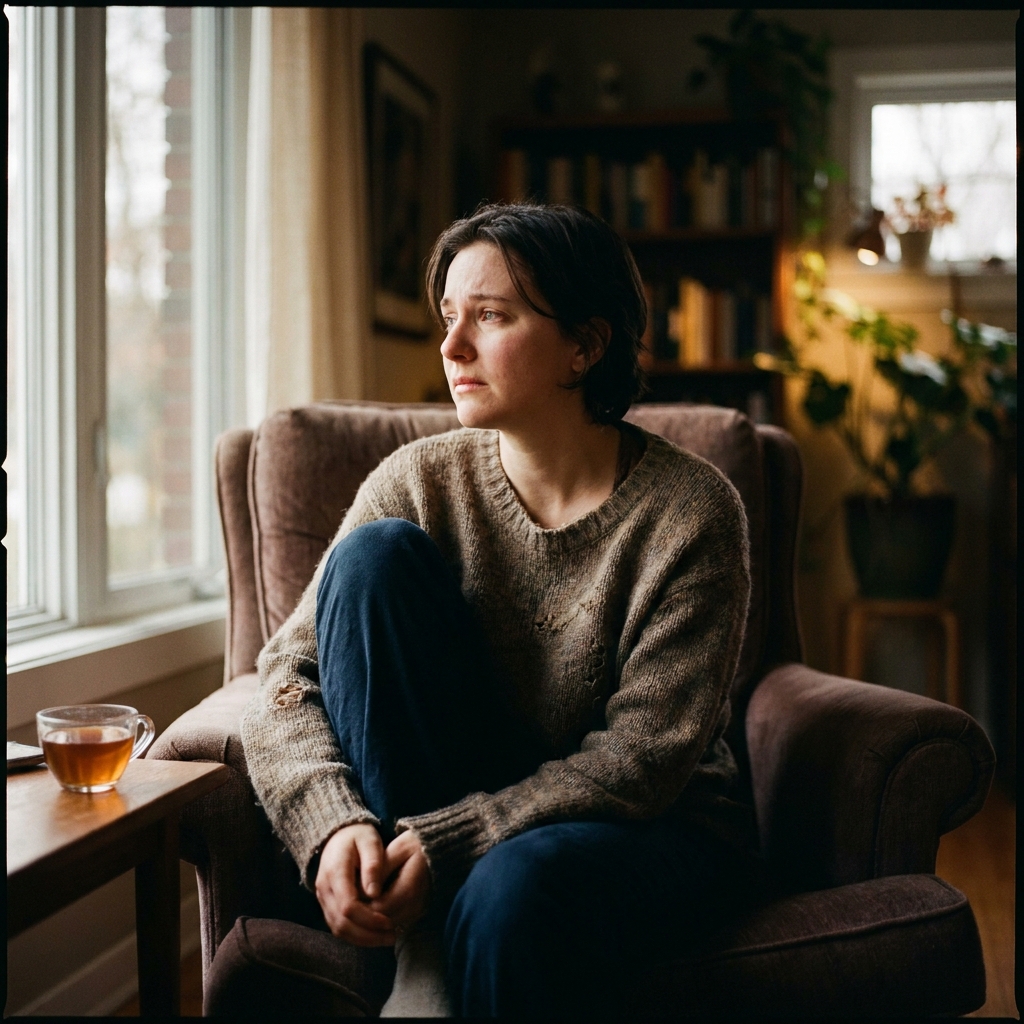 Person reflecting near window, representing the emotional hair loss impact on quality of life
