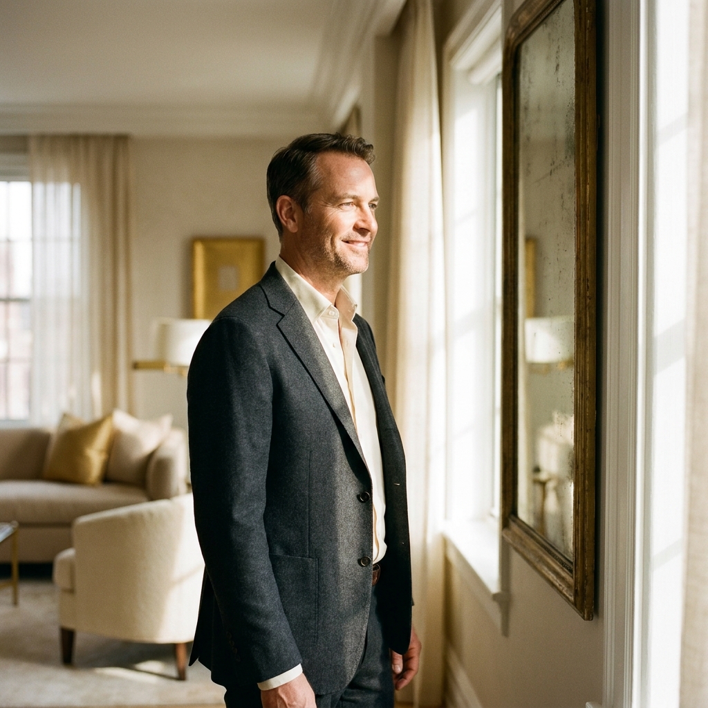 Man confidently smiling at his reflection, representing hair restoration confidence transformation and renewed self-esteem.