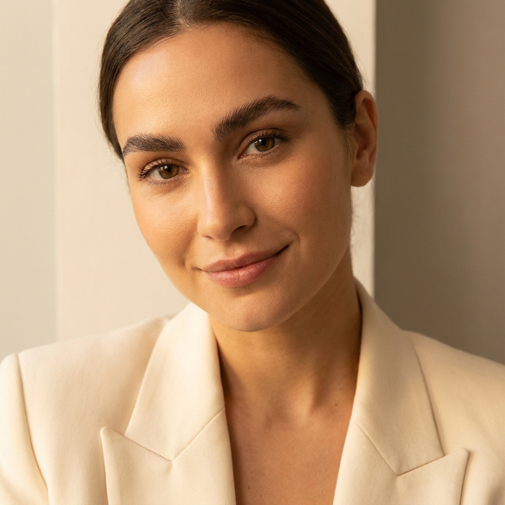 Woman with naturally full, defined eyebrows after hair transplant for eyebrows procedure, confident portrait