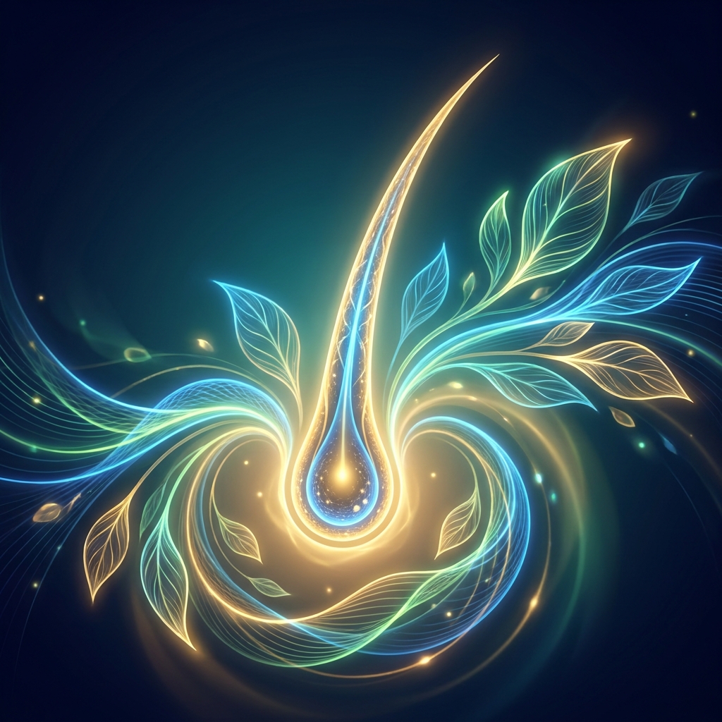 Glowing hair follicle illustration representing natural hair growth stimulation therapy and biological regeneration