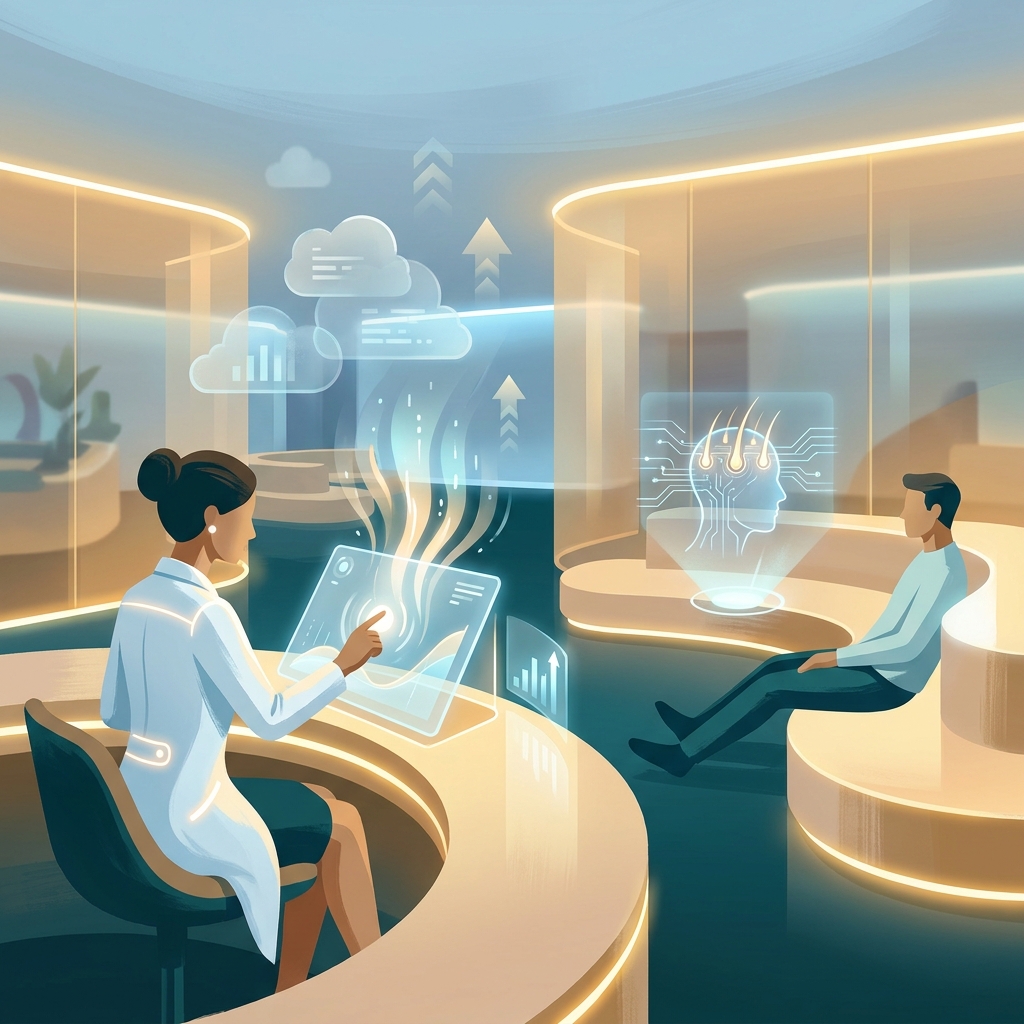 Futuristic medical consultation room illustrating hair restoration industry trends 2026 with holographic data visuals