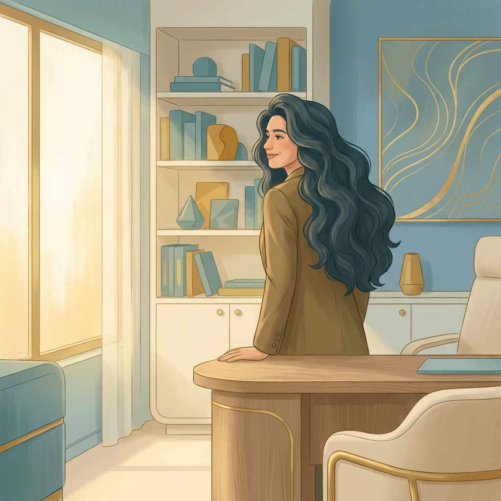 Confident person with healthy hair in a modern medical consultation setting, representing hair loss medication options.